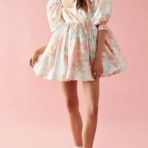 Selkie Pastel Floral Puff Sleeve Mini Dress grapefruit floral